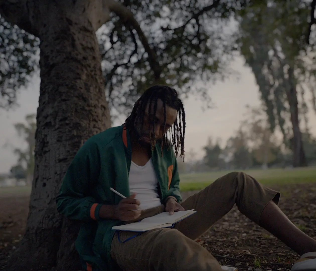 A man sitting against a tree at dusk, writing in a notebook.