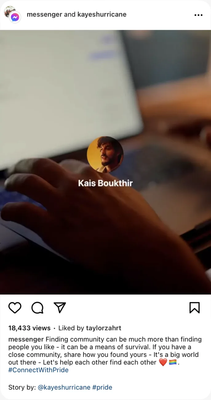 Instagram post from @messenger, 18,433 views: “Finding community can be much more than finding people you like — it can be a means of survival.”