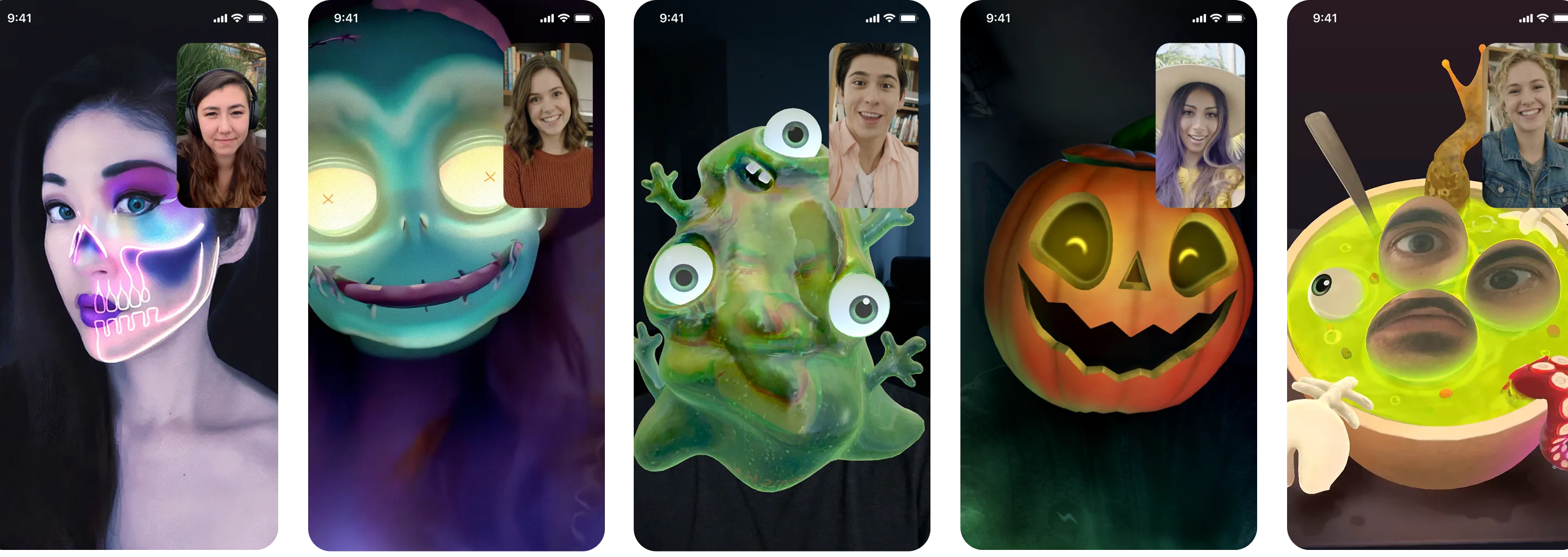 AR video-calling effects — skull, monster, and pumpkin face filters