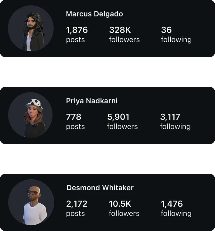 Instagram profile cards with follower counts