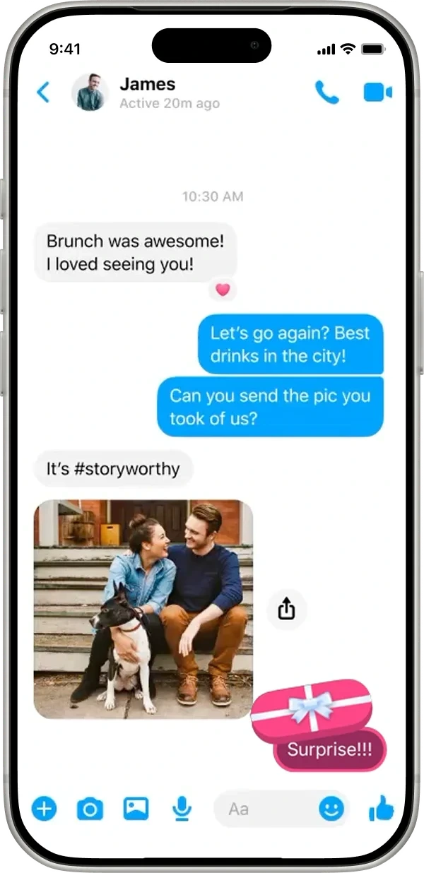 Chat thread with photo messages and power-up reactions (1 of 3)