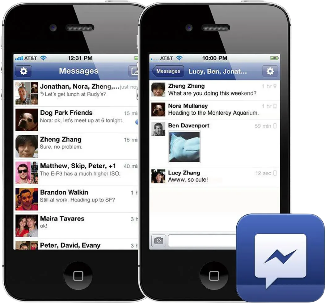 Two phones showing early Messenger